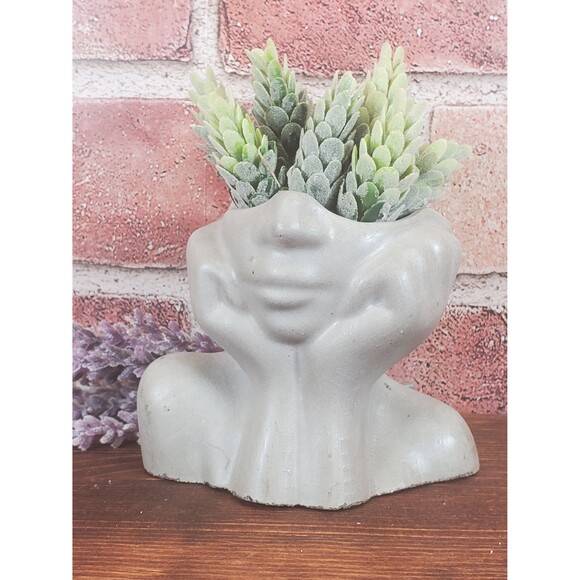 Cement Face Planter Pot, Concrete Persons Upper Body Succulent Planter - Picture 3 of 10
